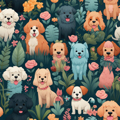 Poodles dogs breed cartoon repeat pattern - obrazy, fototapety, plakaty