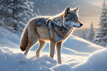Obraz premium draw a wolf on a snow background. Generative AI