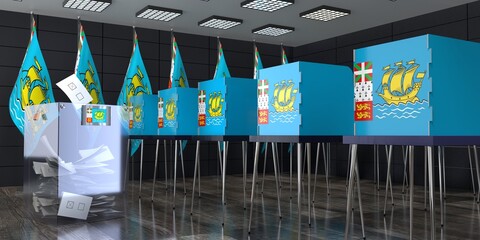Saint Pierre and Miquelon - polling station with voting booths and ballot box - election concept - 3D illustration