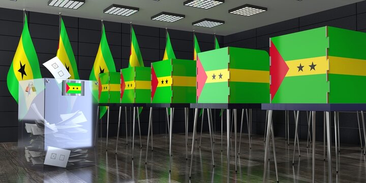 Sao Tome and Principe - polling station with voting booths and ballot box - election concept - 3D illustration