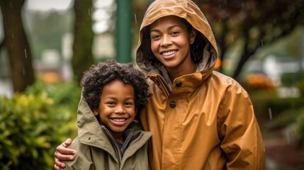 Wrapped in raincoats, a smiling mother and her child enjoy the rain, creating a heartwarming scene of happiness.