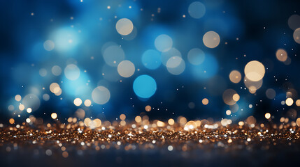 Fototapeta na wymiar Christmas Bokeh Effect with Lights Against a Blue Background