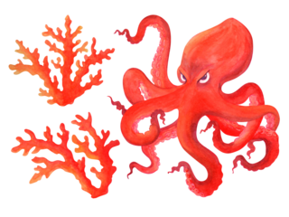 A red angry cartoon octopus looks from under its brows at the viewer. To the left of it are two corals corals Isolated watercolor illustration. Clipart