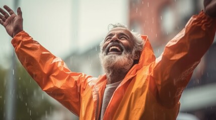 A smiling elderly man stands in the rain, wearing a raincoat.
