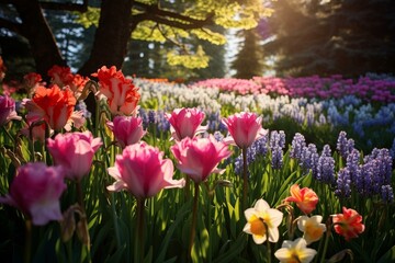 Vibrant spring blooms in a garden meadow. Generative AI
