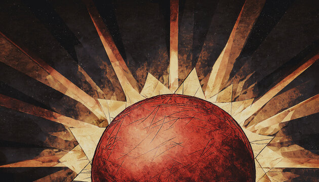 illustrazione artistica di grande sole rosso con raggi luminosi dorati su sfondo scuro