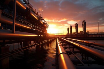 Fototapeta na wymiar Oil pipeline in the middle of the desert on the sunset background.