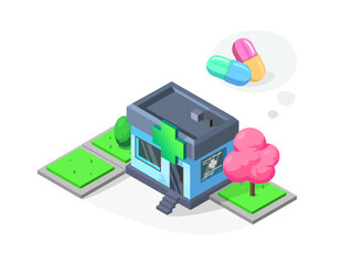 Isometric pharmacy building and a small garden with sakura. Pill icon. Concept of selling pharmaceutical products.Nice vector UI illustration for your business.