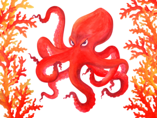A red angry cartoon octopus between the corals looks from under its brows at the viewer. Isolated watercolor illustration on a white background. Clipart