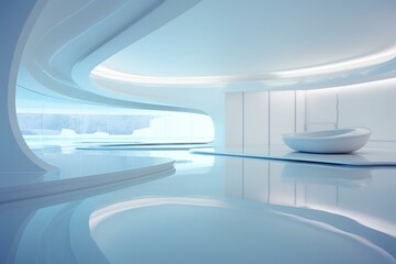 Futuristic white interior featuring a sleek, gradient colored water wall and floor. Generative AI