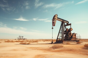 oil rigs oil pump energy industrial machine for petroleum in the middle of the desert on the blue sky background. - obrazy, fototapety, plakaty