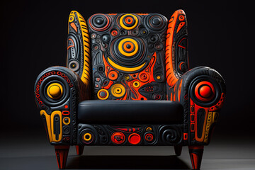A colorful chair with a black leather seat