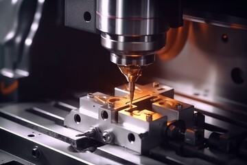CNC milling machine for metalworking. Advanced metal processing technology. Shallow focus. Innovative machining concept. Generative AI