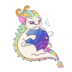 the rainbow dragon hugs the planet with its paws. Funny cartoon kawaii character isolated on white background.