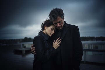 Dramatic portrait of a father and daughter, hugging on funeral concept.