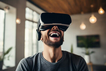 Generative AI image of excited young male gamer in VR goggles experiencing another world against living room blurred background
