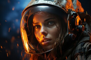 Female astronaut on mars, apocalypse background.