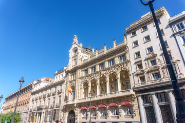 Fototapeta na wymiar Colonial building in Gran Via 58. The landmark is known as Casino de Madrid, Spain