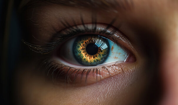Generative AI illustration of macro view of brown and green eye of anonymous female person lit by sunlight looking at camera