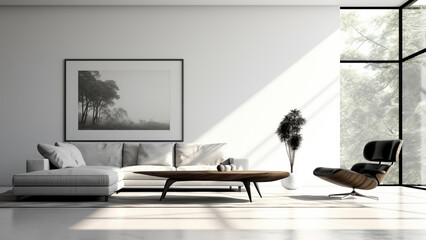 Spacious white and black living room interior with minimalist furniture in a tranquil atmosphere