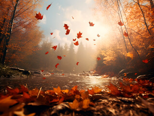 Freshly fallen autumn leaves in autumn landscape with beeming sunlight
