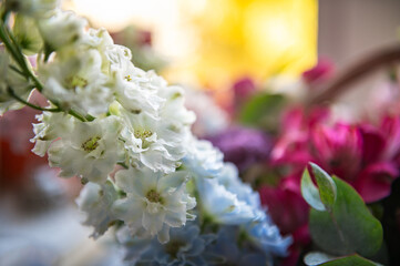 Beautiful bouquet of roses, gypsophila and other different flowers on dark background