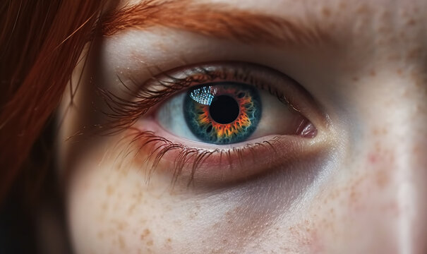 Generative AI illustration of macro view of blue eye of anonymous redhead female person lit by sunlight looking at camera