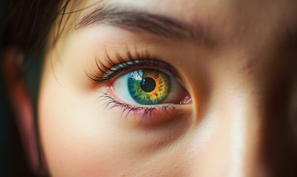 Generative AI illustration of macro view of colorful eye of anonymous female person lit by sunlight looking at camera