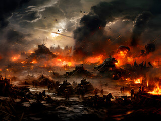 Battlefield with fire and explosions and tanks with clouds of smoke
