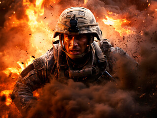 Soldier running into battle fighting warzone world war explosions 3d photography realistic