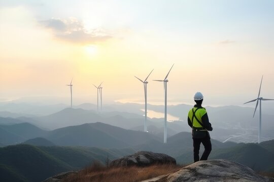 Engineer standing on the top of the mountain with wind turbines in the background