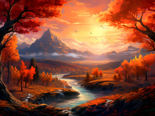 Beautiful autumn landscape with orange leaves and beeming sun