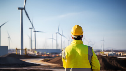 Photo capturing a male engineer wearing a yellow west wind turbine park