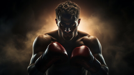 Boxer in Fighting Stance Under Spotlights - obrazy, fototapety, plakaty