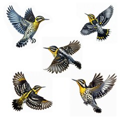 A set of male and female Yellow-bellied sapsuckers flying isolated on a white background