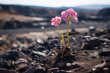 Delicate flowers blooming in a desolate landscape, their vibrant colors juxtaposed against the...