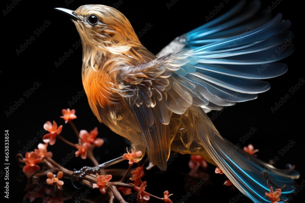 Poster a colorful bird sitting on a branch of a tree, celestial outline.