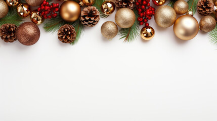 Christmas decorations. White background, space for text.