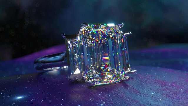 A shining diamond ring shows off a shimmering gemstone reflecting a spectrum of colors on a dreamy bokeh-style background. Cosmos Background. 3D animation.