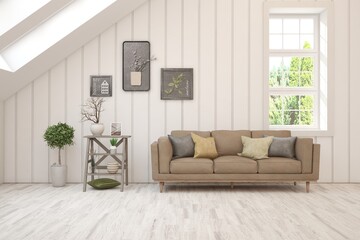 White living room with sofa and summer landscape in window. Scandinavian interior design. 3D illustration