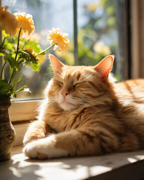 a picture of a sleepy cat napping on the windowsill in the sun Aspect Ratio 4:5