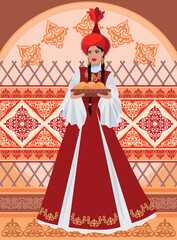 Vector illustration. A beautiful young woman in a Kazakh national costume with a plate on a background of ornaments and traditional Kazakh symbols