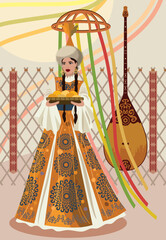 Vector illustration. A beautiful young woman in a Kazakh national costume with a plate on a background of ornaments and traditional Kazakh symbols