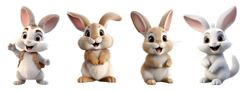 3D Modeled Rabbit Set on Transparent Background