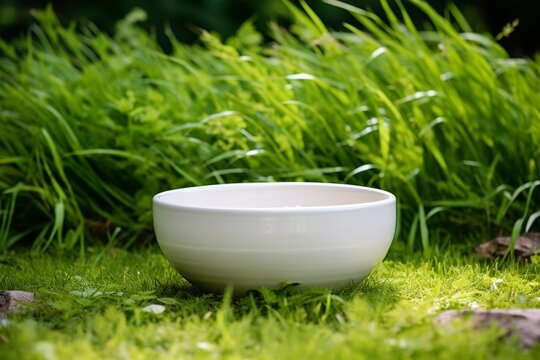White Ceramic Bowl Placed on Lush Green Garden Grass - High Quality Photo
