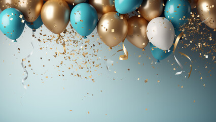 Celebration wallpaper decorated with balloons and ribbons in gold and blue metallic colors.