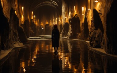 photo of a woman in a catacomb - obrazy, fototapety, plakaty