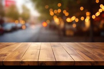 Fotobehang Empty Wooden Table with Blurred Car Background and Bokeh Light: High Quality Photo © pierre