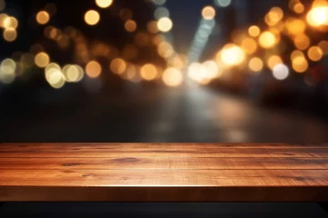 Fotobehang Empty Wooden Table with Blurred Car Background and Bokeh Light: High Quality Photo © pierre