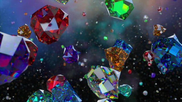 A mesmerizing array of floating multicolored gemstones illuminates against a dark, bokeh-filled background, each crystal reflecting and refracting a spectrum of vivid colors. 3D animation.